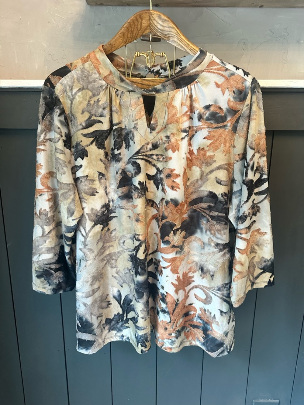 D & Co Soft Textured Print Keyhole Neck Blouse Multi-Color XL